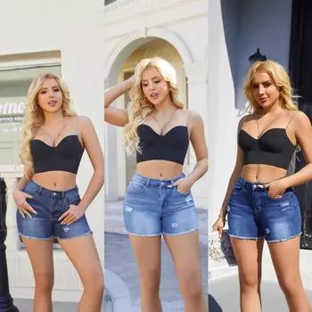 2025 Высококачественные европейские и американские эластичные облегающие джинсовые шорты с высокой талией и рваными краями 2XL средний синий