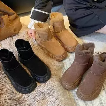 2025 Высококачественные зимние ботинки из замши из коровьей кожи на платформе и танкетке, зимние плюшевые женские ботинки со скрытым каблуком, весенние теплые ботильоны 35 коричневый
