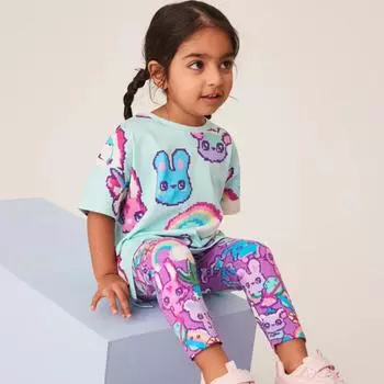 2025 весенне-летний хлопковый костюм, детский комплект из двух предметов для девочек, повседневный топ с круглым вырезом, принтом из мультфильмов, с короткими рукавами и длинными брюками, детская одежда для девочек 2Y светло-синий
