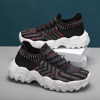 2025 весенне-осенние носки и обувь женские новые спортивные туфли из мушиного трикотажа, цветная платформа, повседневные кроссовки для папы, мужская обувь 36 чёрный