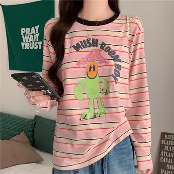 2025 весенние футболки с длинным рукавом для женщин в винтажном стиле в полоску, повседневные свободные футболки с забавным рисунком, футболки Harajuku Kawaii для студентов, топы y2k M розовый