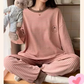 2025 весенний комплект пижамы с вышивкой в розовую полоску с нагрудной подкладкой для женщин с длинным рукавом и длинными штанами, уютная пижама, мягкая домашняя одежда M розовый