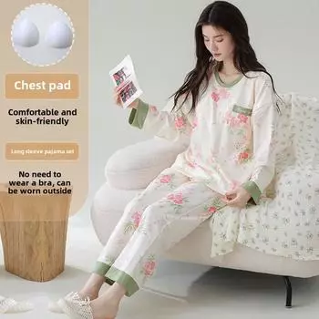 2025 весенний пижамный комплект с нагрудником для женщин больших размеров 4XL 5XL с цветочным принтом, топы с длинными рукавами и штаны, женская пижама, повседневная домашняя одежда M