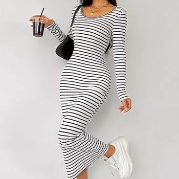 2025 весенняя мода белая полоса с длинным рукавом сексуальное квадратное воротничковое макси платье для женщин повседневные обтягивающие прямые эластичные трикотажные платья S