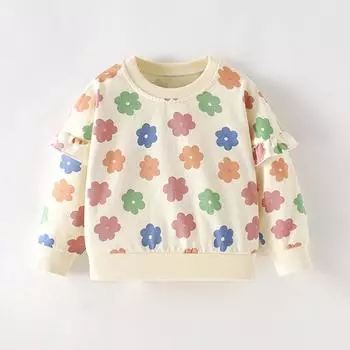 2025 весна чистый хлопок милый цветочный принт толстовка с капюшоном для девочки пуловер детская одежда длинные рукава футболки для девочек свободные топы толстовки 2Y