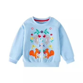 2025 весна чистый хлопок мультфильм вышивка толстовка с капюшоном для девочек пуловер Детская одежда с длинным рукавом повседневная свободная одежда для девочек универсальные синие топы толстовки 2Y светло-синий