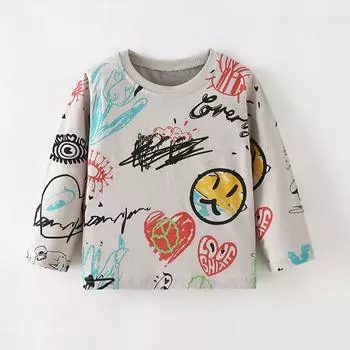 2025 весна чистый хлопок забавный принт с буквами футболка мальчик детская одежда футболки с длинным рукавом для мальчиков универсальные топы футболки 2Y белый