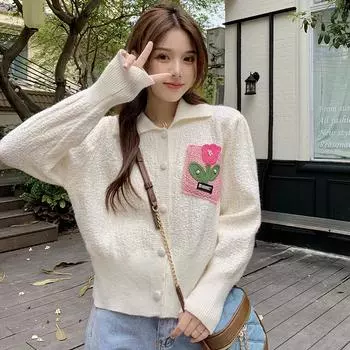 2025 весна Цветочная вышивка Женский кардиган куртка Корейский свободный женский повседневный короткий пальто Y2K мода пуговицы вязаный женский свитер Топы One Size