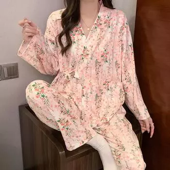 2025 весна Цветочный принт розовый пижамный комплект для женщин с длинным рукавом и длинными брюками кимоно кружевной кардиган пижамы уютная пижама мягкая домашняя одежда M