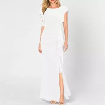 2025 весна девушка сексуальное модное однотонное платье с круглым вырезом и оборками по краю женское платье S белый