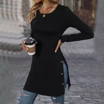 2025 весна длинные рукава женские футболки harajuku боковые разрезы на пуговицах футболка y2k топы однотонные повседневные свободные длинные футболки уличная одежда S