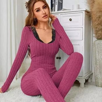 2025 весна длинный рукав женский хлопок тонкий термобелье лонгсливы женские пижамный комплект однотонное кружево женское термобелье одежда для сна S