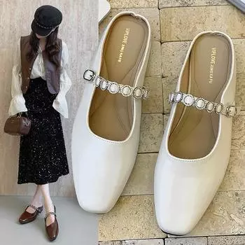 2025 весна французские туфли на танкетке с квадратной головкой и неглубоким горлом, одно слово, ромбовидный пояс, увеличивающий внутреннюю высоту, низкий каблук туфли на танкетке Мэри Джейн 35 бежевый