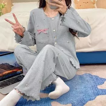 2025 весна хлопок кардиган пижама комплект для женщин цветочный длинный рукав брюки комплект женская пижама домашняя одежда милый серый молодая девушка пижама костюм M серый
