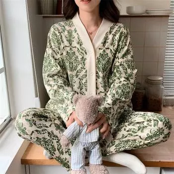 2025 весна хлопок кимоно кардиган пижамный комплект для женщин симпатичный комплект с брюками с длинными рукавами женская пижама домашняя одежда милая можно носить на улице M зелёный