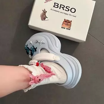 2025 весна и лето мода маленький цветок стразы толстая подошва нескользящие дырки обувь наступать на дерьмо чувство мешок голова бант крутые тапочки женщины 34 чёрный