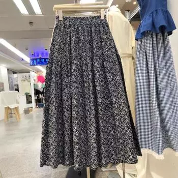 2025 весна и лето новая ретро-юбка с цветочным принтом синего цвета для женщин с высокой талией, средней и длинной юбкой с принтом one size fits all темно-синий