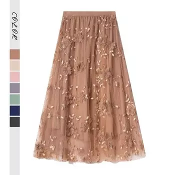2025 весна и лето новая высокая талия и тонкая двухслойная юбка с большим маятником трехмерный цветок юбка средней и длинной феи газовая юбка One Size сапфировый