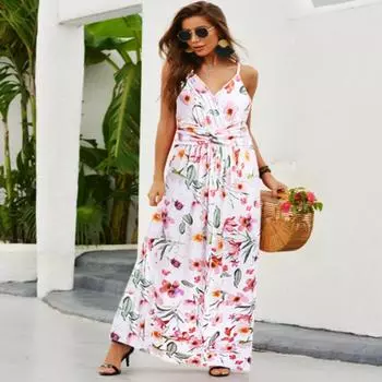 2025 весна и лето новая женская мода V-образный вырез подтяжки с принтом пляжное платье длинное платье S