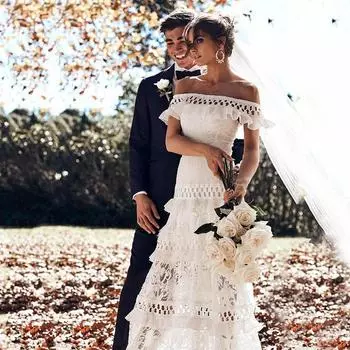 2025 весна и лето новая женская одежда wish одно слово плечо оборка край ажурный белый маятник кружевное платье S белый