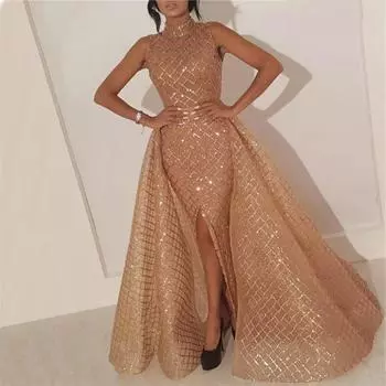 2025 весна и лето новая женская одежда V-образный вырез золотое платье, вечернее платье с раздвоенными концами сексуальное платье-маятник S золотой