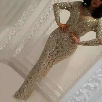 2025 весна и лето новая женская одежда бронзовое платье с длинными рукавами глубокий V облегающее сексуальное платье, вечернее платье S золотой