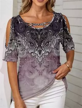 2025 весна и лето новая женская одежда, модная этническая принтованная футболка с открытыми плечами и короткими рукавами для женщин S морской синий