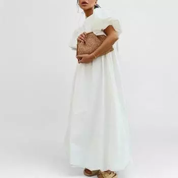 2025 весна и лето новая женская одежда круглый вырез рукава-фонарики однотонное свободное повседневное платье женщины S белый