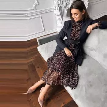 2025 весна и лето новая женская одежда новое платье с круглым вырезом и длинными рукавами свободное S розовый