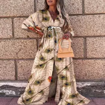 2025 весна и лето новая женская одежда повседневный стиль для отдыха платье с принтом V-образным вырезом длинное платье S