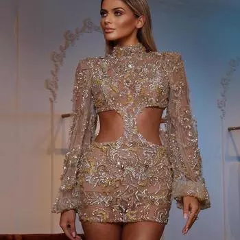 2025 весна и лето новая женская одежда сексуальное сеточное банкетное платье с круглым вырезом и пайетками юбка на бедрах S