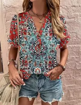 2025 весна и лето новая женская одежда топы с принтом пуговиц мода короткие рукава женщины S чёрный