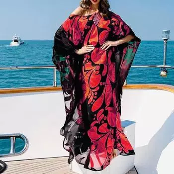 2025 весна и лето новинка европейская и американская женская одежда платье с косыми плечами платье в стиле бохо с принтом свободное платье с открытыми плечами S