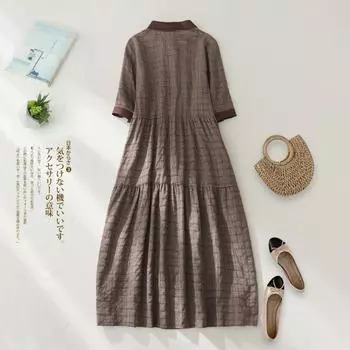2025 весна и лето новое хлопковое и льняное клетчатое платье средней и длинной длины свободного покроя с воротником-поло для женщин M