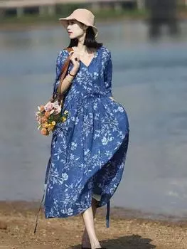 2025 весна и лето новое платье из хлопка и льна с принтом в стиле легкой роскоши женское свободное ретро с V-образным вырезом рукав пять четвертей длина до колена M