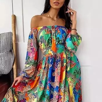 2025 весна и лето новое вечернее платье платье с принтом V-образный вырез пуловер ретро с длинными рукавами маятниковый вилочный длинный платье S