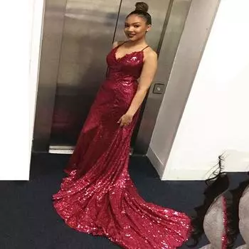 2025 весна и лето новое женское длинное платье, платье без рукавов на подтяжках вечернее платье с V-образным вырезом и открытой спиной, расшитое пайетками S розовый