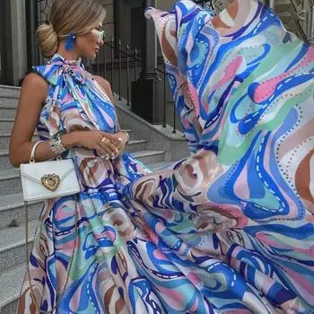 2025 весна и лето новое женское французское длинное платье шифоновое на подтяжках синее платье с высокой талией и принтом S синий