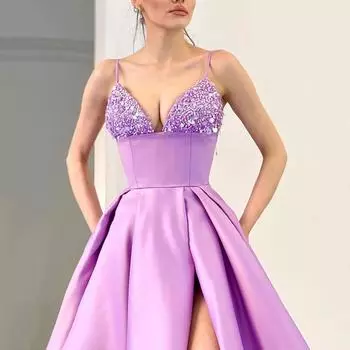 2025 весна и лето новое женское платье глубокий V-образный вырез пайетки подтяжки сексуальное платье с разрезом S фиолетовый