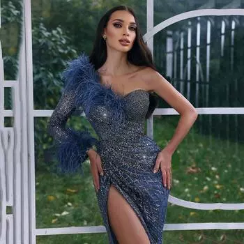 2025 весна и лето новое женское вечернее платье с пайетками разрез сексуальное танцевальное платье для мытья полов длинная юбка S синий