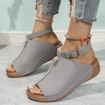 2025 весна и лето новые европейские и американские повседневные босоножки больших размеров с толстой подошвой и пряжкой в виде рыбы, босоножки с открытым носком на плоской подошве 36 светло-коричневого