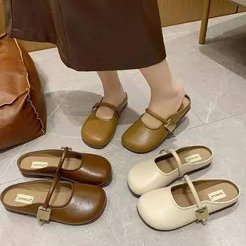 2025 весна и лето новые крутые тапочки с сумкой на голове женская одежда Мэри Джейн ленивые туфли на одной педали с мягкой подошвой шапочки тапочки 35 бежевый