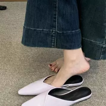 2025 весна и лето новые модные туфли с острым носком сумка на голову одинарные туфли ретро универсальные плоские полутапочки сандалии женские 35 чёрный