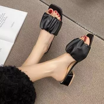 2025 весна и лето новые односложные тапочки на высоком каблуке женские модные сандалии с полуподдержкой для головы детские 35 чёрный