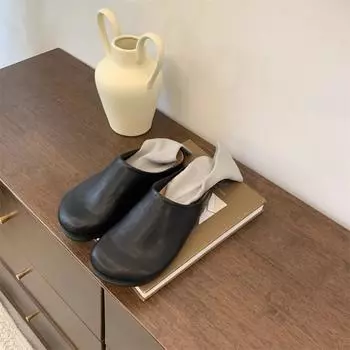 2025 весна и лето новые простые нишевые простые полутапочки с круглым носком женские ретро туфли с толстой подошвой на одной педали muller 35 чёрный