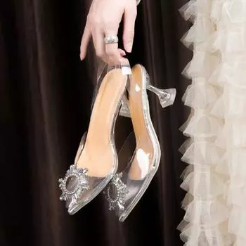 2025 весна и лето новые сумки из ПВХ с острым носком, чехлы на высокие каблуки с подсолнухами, прозрачные хрустальные туфли с бокалом для вина и сандалии 34