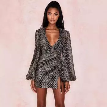 2025 весна и лето новые товары женская одежда новая юбка с глубоким V-образным вырезом и длинными рукавами, завернутая в бедра 2XL чёрный