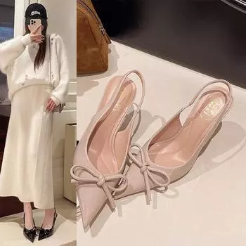 2025 весна и лето новые женские туфли из бордовой лакированной кожи на высоком каблуке с бантом и заостренным носком, сандалии с тонким каблуком и сумкой на голове 34 абрикосовый
