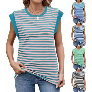 2025 весна и лето новый полосатый контрастный цвет круглый вырез свободный женский короткий рукав футболка топ XXL розовый/синий