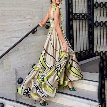 2025 весна и лето новый принт бретелька халтер принт нерегулярный богемный женское платье женщины S абрикосовый